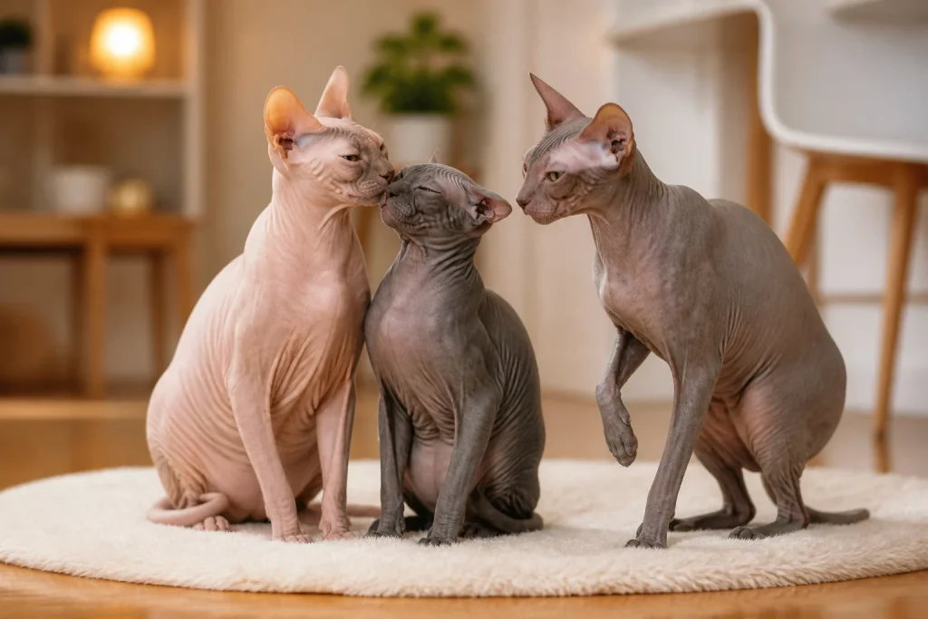 Tendresse feline trois sphynx unis