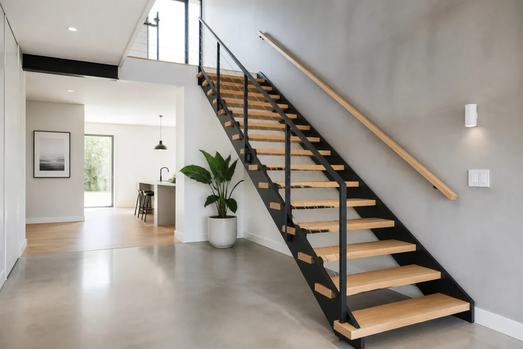 Escalier moderne en bois et metal noir