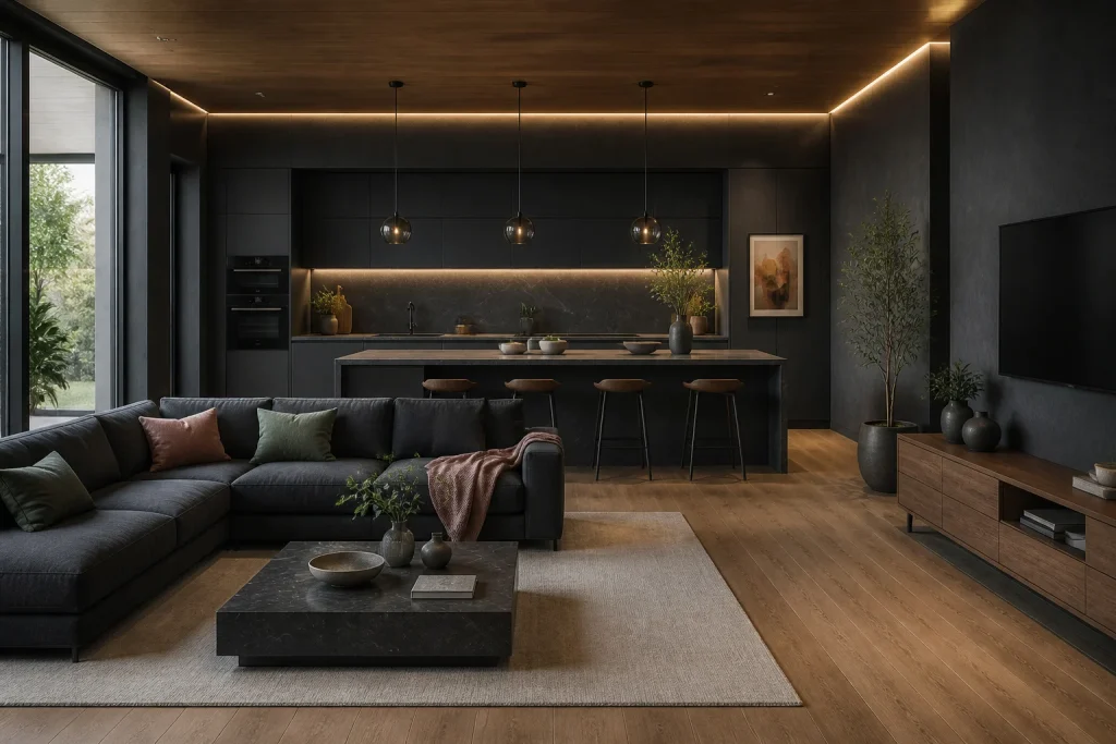 Salon cuisine anthracite moderne et luxueux