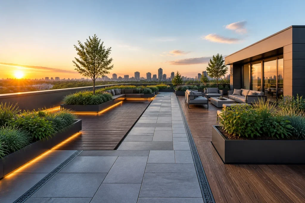 Terrasse moderne au coucher du soleil