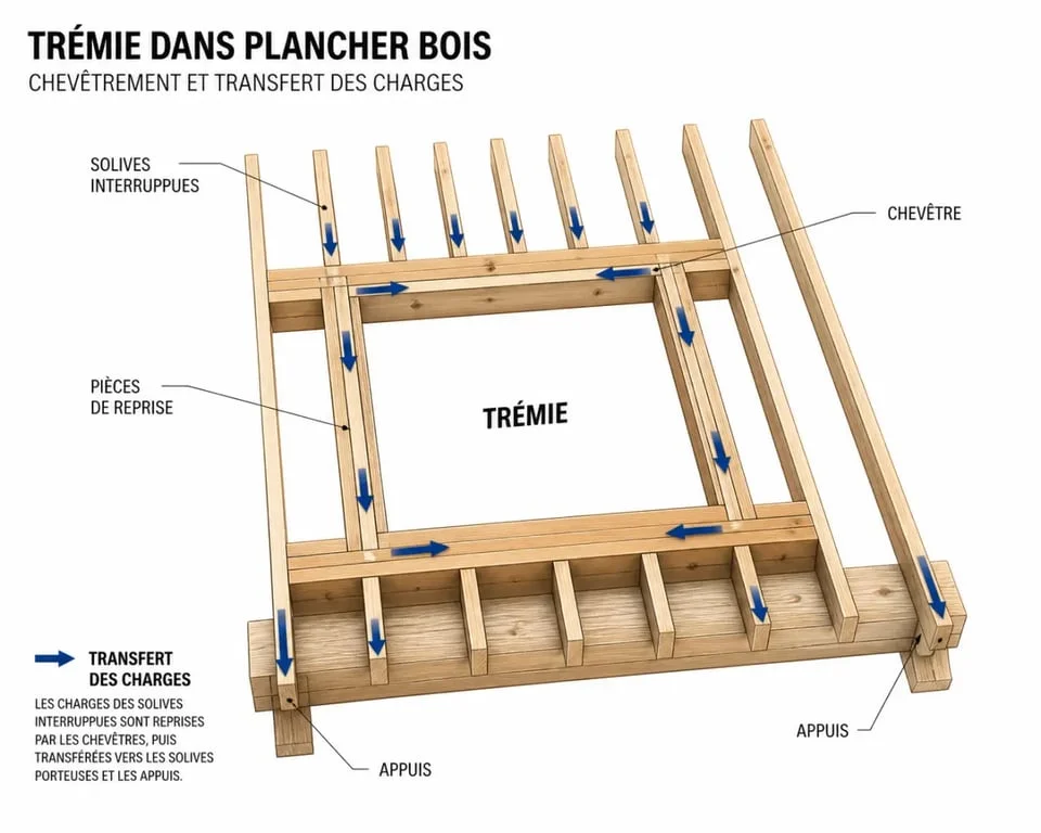 Schéma du chevetrement autour d’une trémie dans un plancher bois