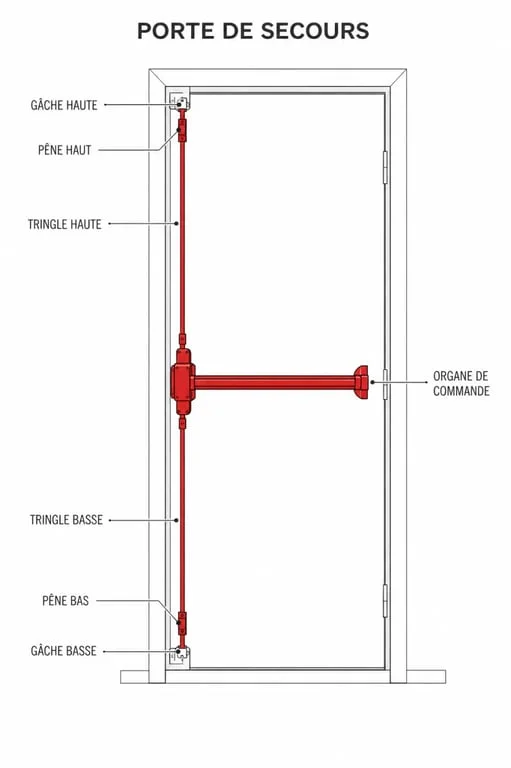 Schéma d’une crémone pompier montrant tringles, pênes et gâches sur une porte de secours
