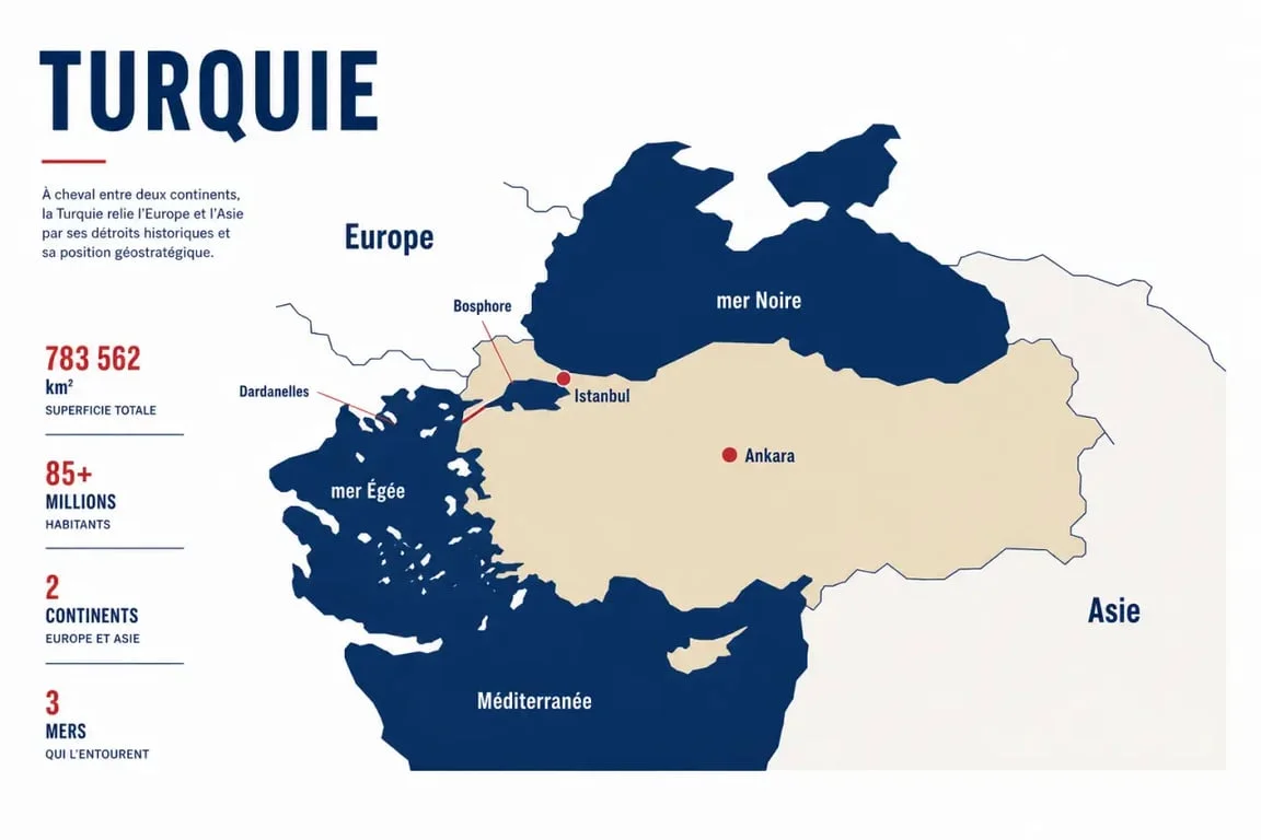 Carte éditoriale de la Turquie montrant les mers, les détroits et les grandes villes