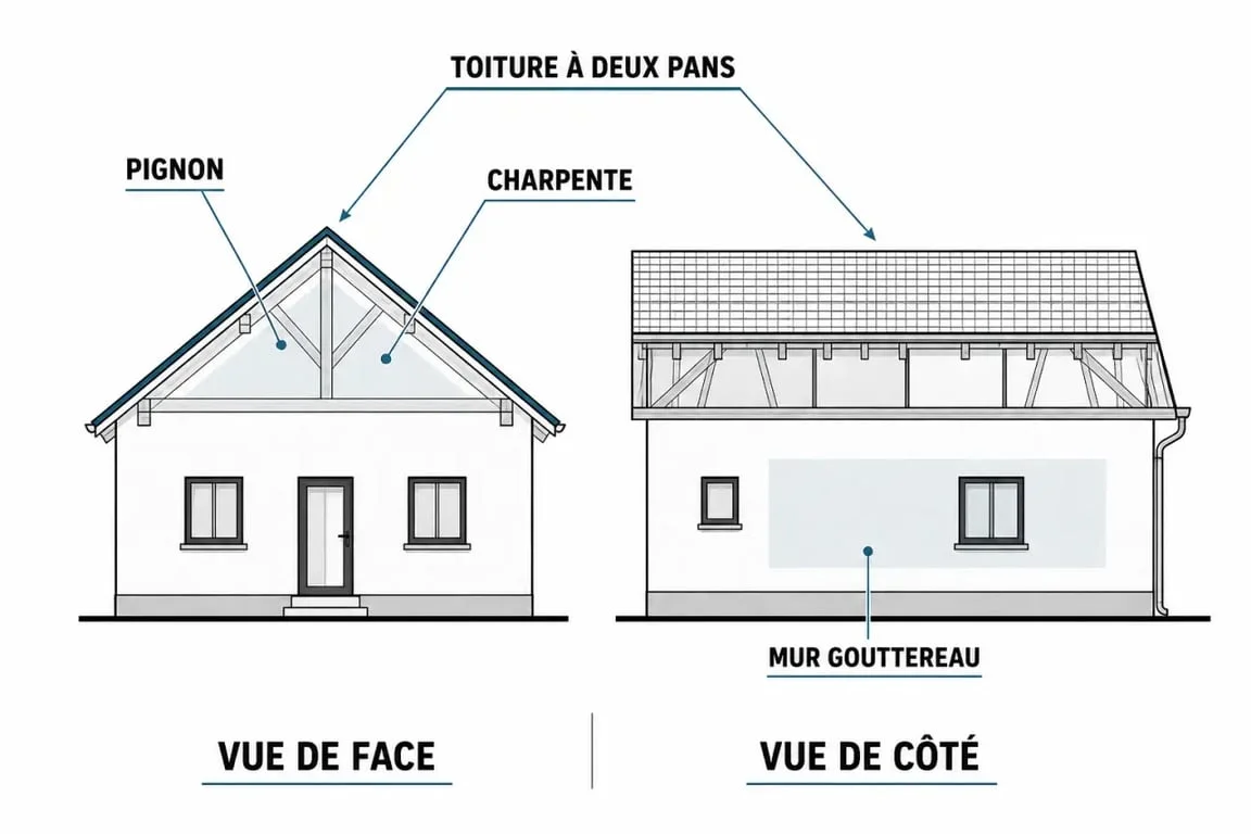 Pignon maison : schéma pour distinguer le pignon, le mur gouttereau et la toiture