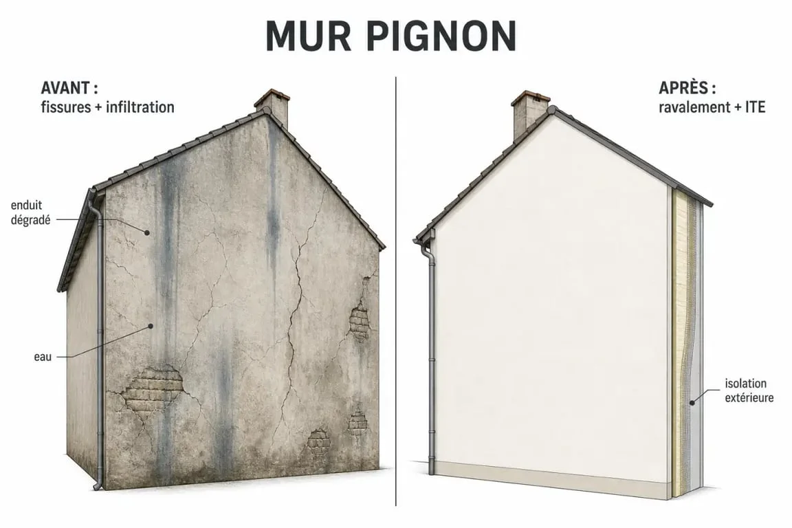 Pignon maison endommagé avec fissures et infiltration avant rénovation