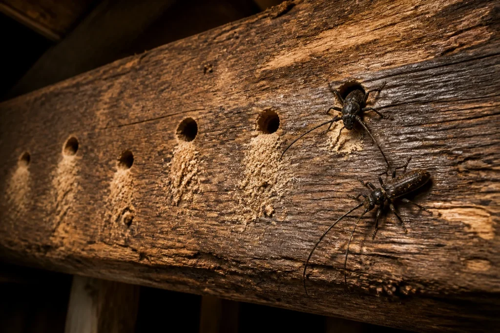 Infestation de capricorne sur poutre en bois