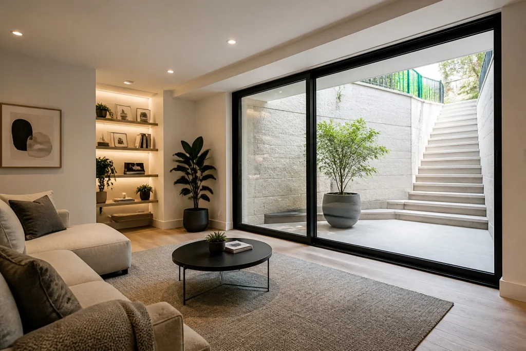 Sous sol lumineux avec cour anglaise moderne