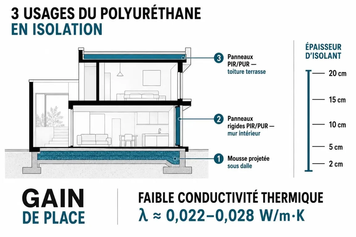 Polyuréthane isolation en coupe avec mousse projetée, panneaux PIR/PUR et repères d’épaisseur