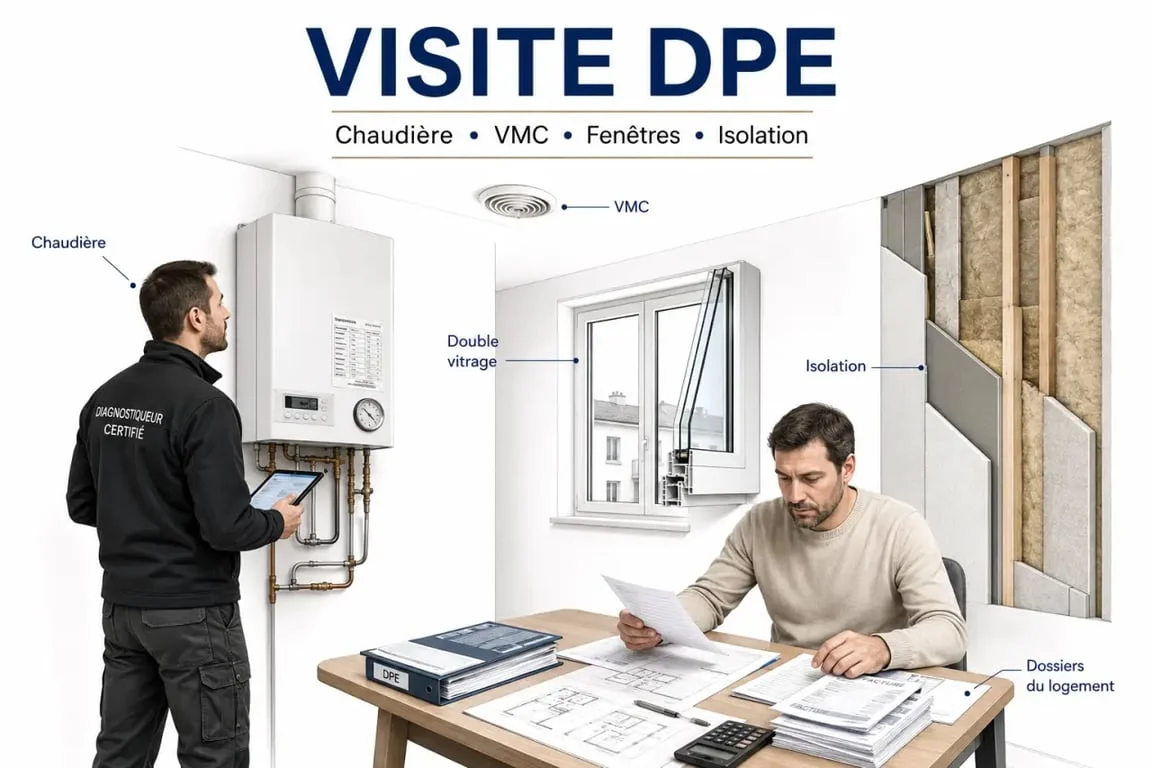 Comment se passe un DPE : visite d’un diagnostiqueur dans un logement avec contrôle du chauffage, de la ventilation et de l’isolation