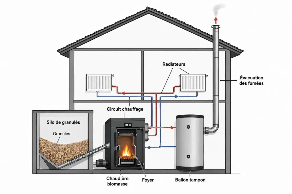 Chaudière biomasse : schéma simplifié du ballon tampon, du silo et du circuit de chauffage