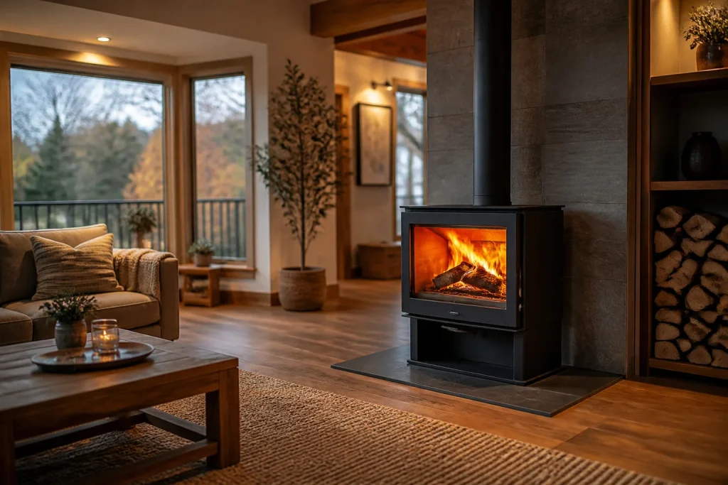 Cheminee moderne et feu de bois chaleureux